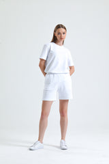 Beyaz Paça Detaylı Cepli Yüksek Bel Kısa Sweat Şort