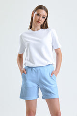 Mavi Paça Detaylı Cepli Yüksek Bel Kısa Sweat Şort