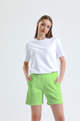 Yeşil Paça Detaylı Cepli Yüksek Bel Kısa Sweat Şort