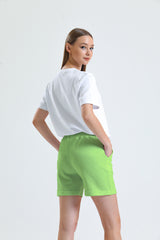 Yeşil Paça Detaylı Cepli Yüksek Bel Kısa Sweat Şort