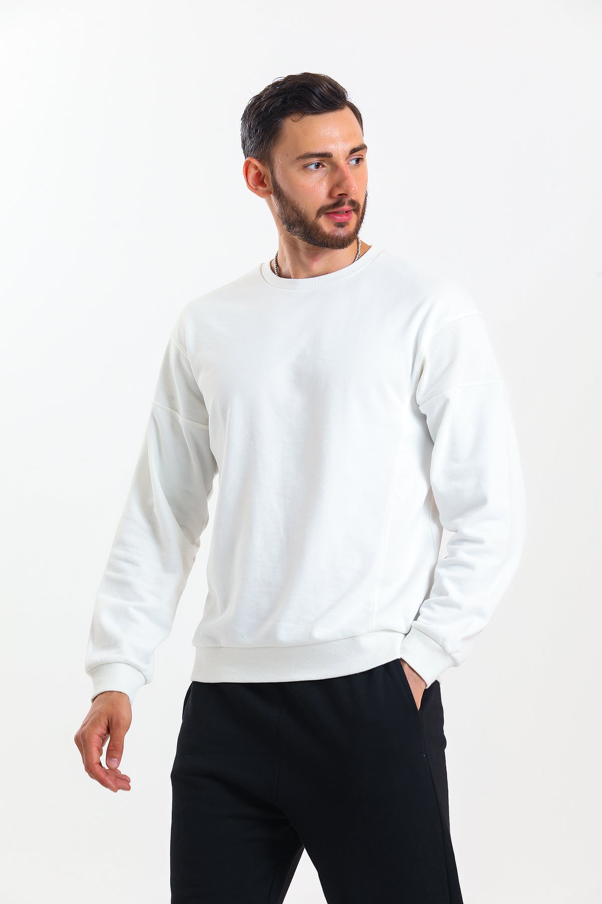 Ekru Parçalı Kaşkorse Detaylı Pamuklu Bisiklet Yaka Sweatshirt