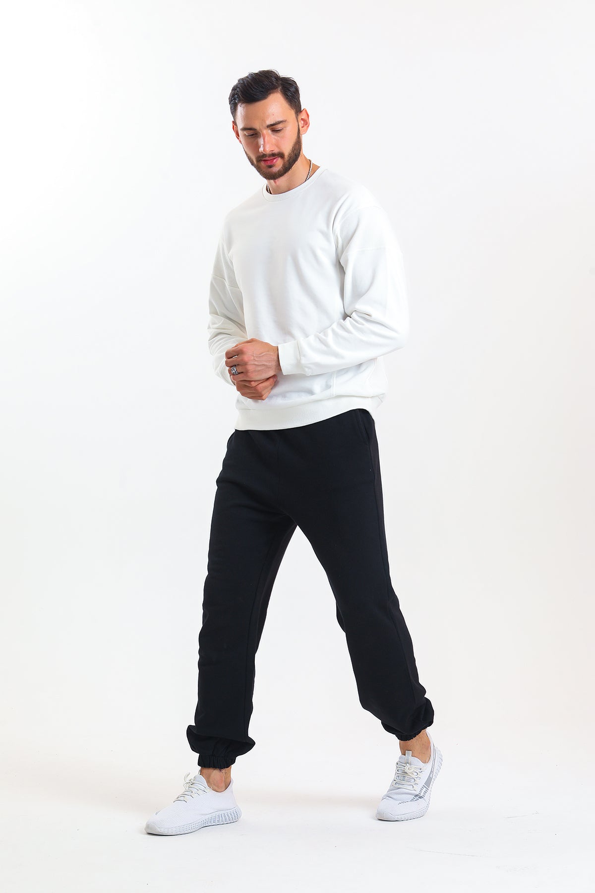 Ekru Parçalı Kaşkorse Detaylı Pamuklu Bisiklet Yaka Sweatshirt