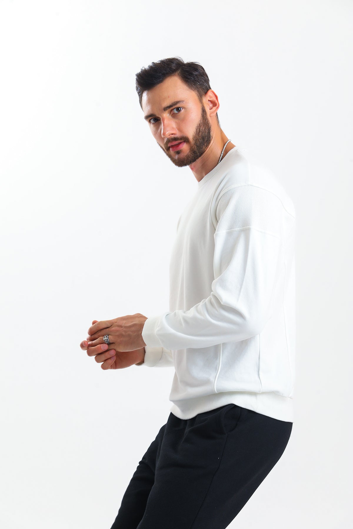 Ekru Parçalı Kaşkorse Detaylı Pamuklu Bisiklet Yaka Sweatshirt