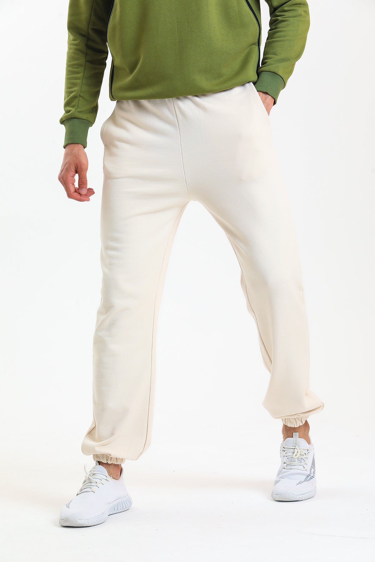 Ekru Yüksek Bel Lastikli Pamuklu Jogger Eşofman Altı