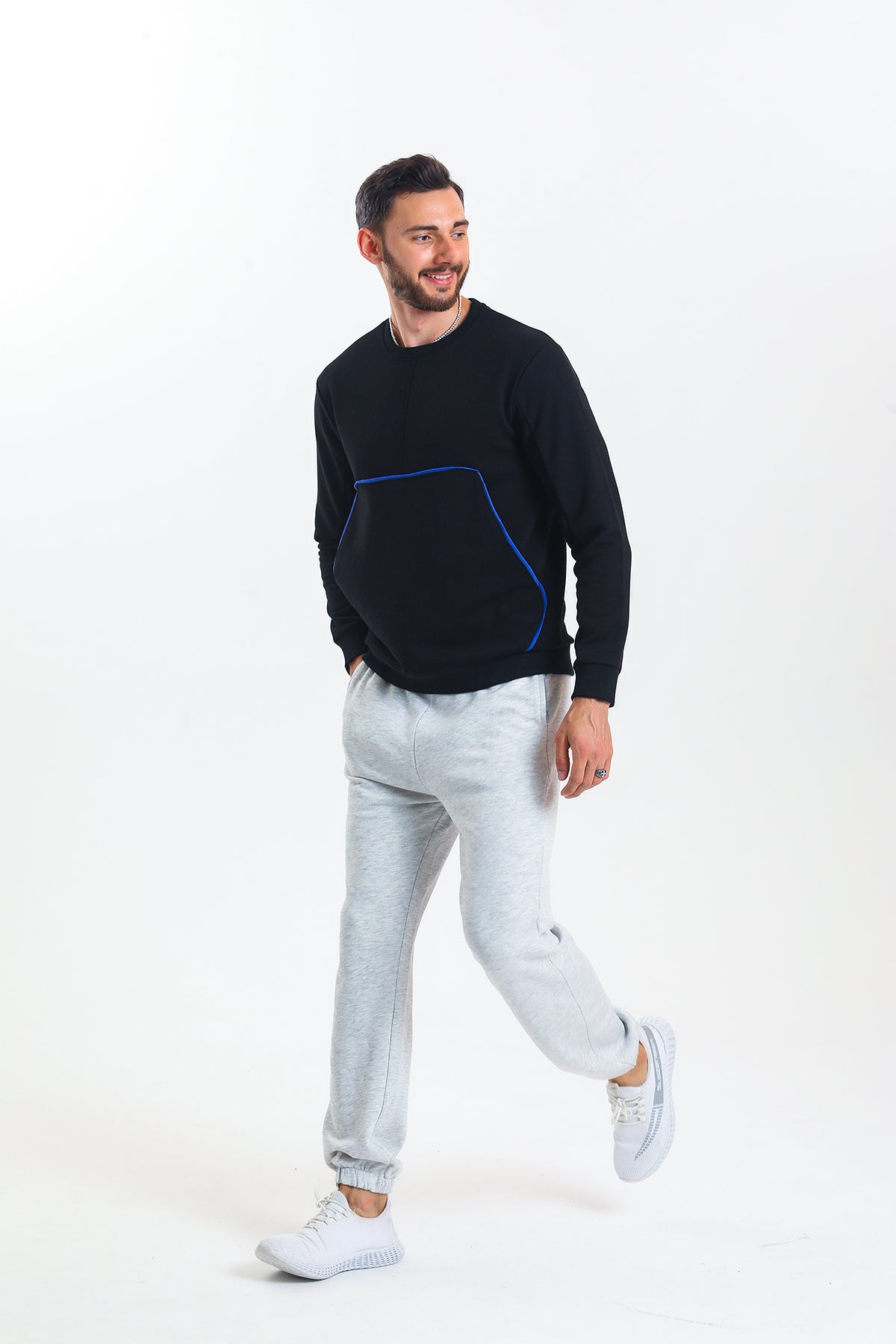 Gri Melanj Yüksek Bel Lastikli Pamuklu Jogger Eşofman Altı