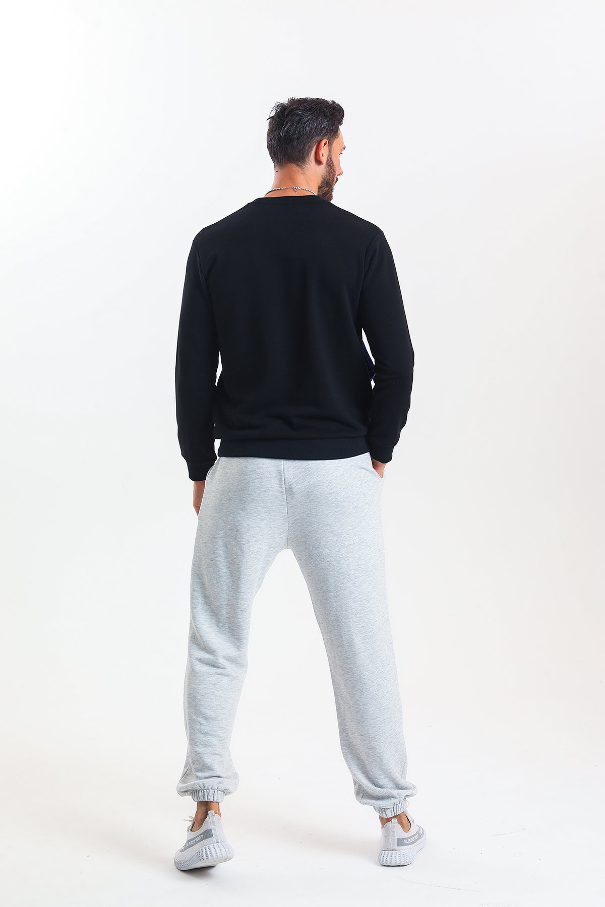 Gri Melanj Yüksek Bel Lastikli Pamuklu Jogger Eşofman Altı