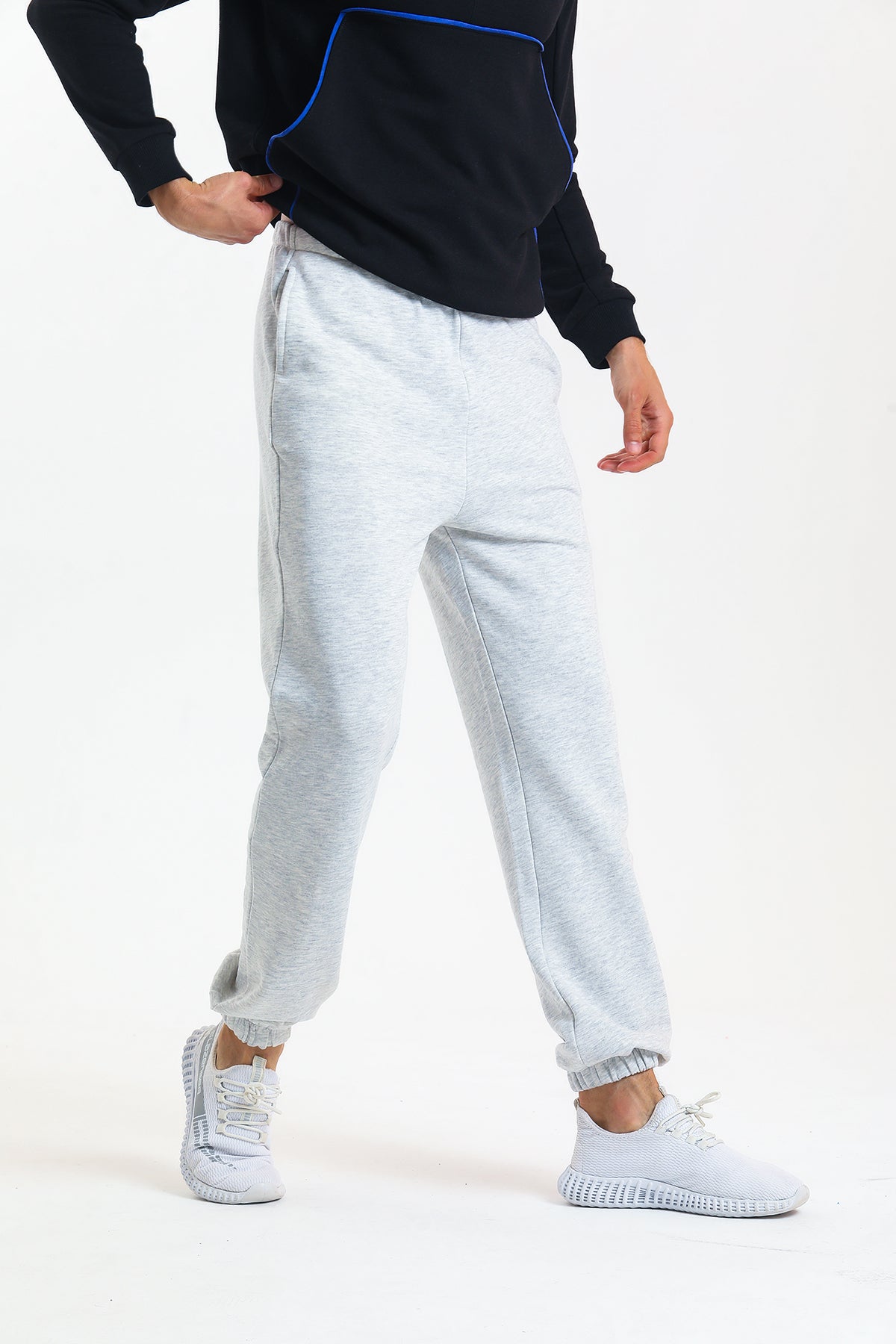 Gri Melanj Yüksek Bel Lastikli Pamuklu Jogger Eşofman Altı