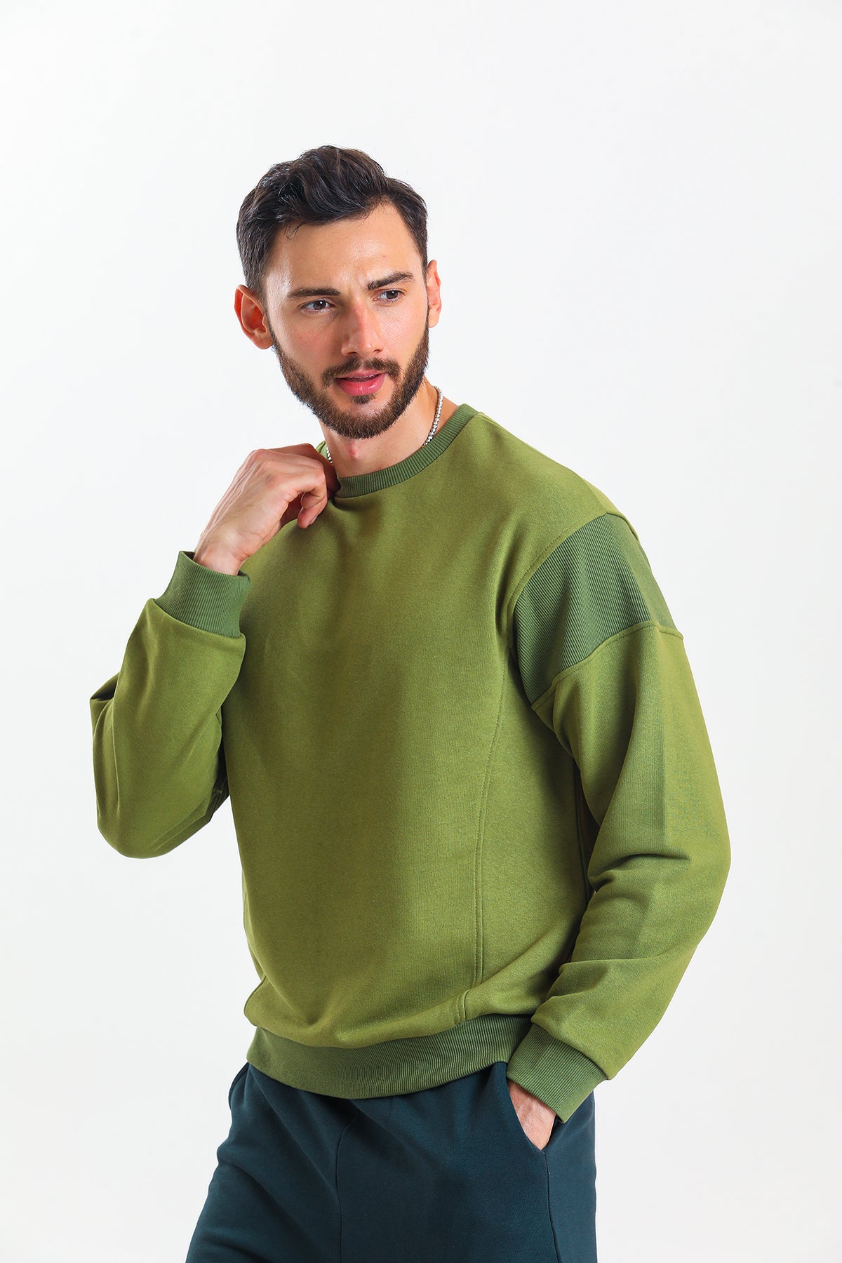 Haki Parçalı Kaşkorse Detaylı Pamuklu Bisiklet Yaka Sweatshirt