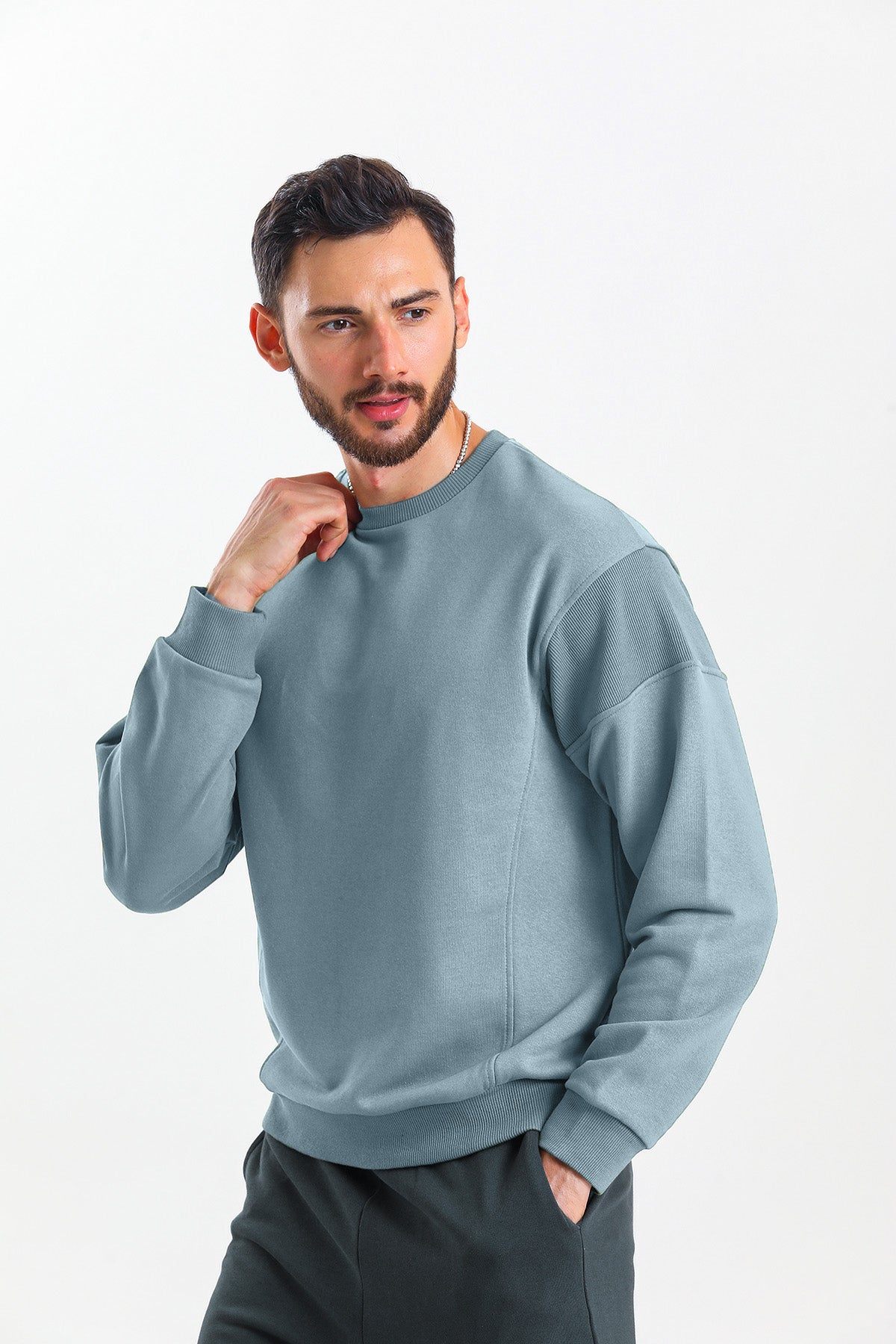 Gök Mavisi Parçalı Kaşkorse Detaylı Pamuklu Bisiklet Yaka Sweatshirt