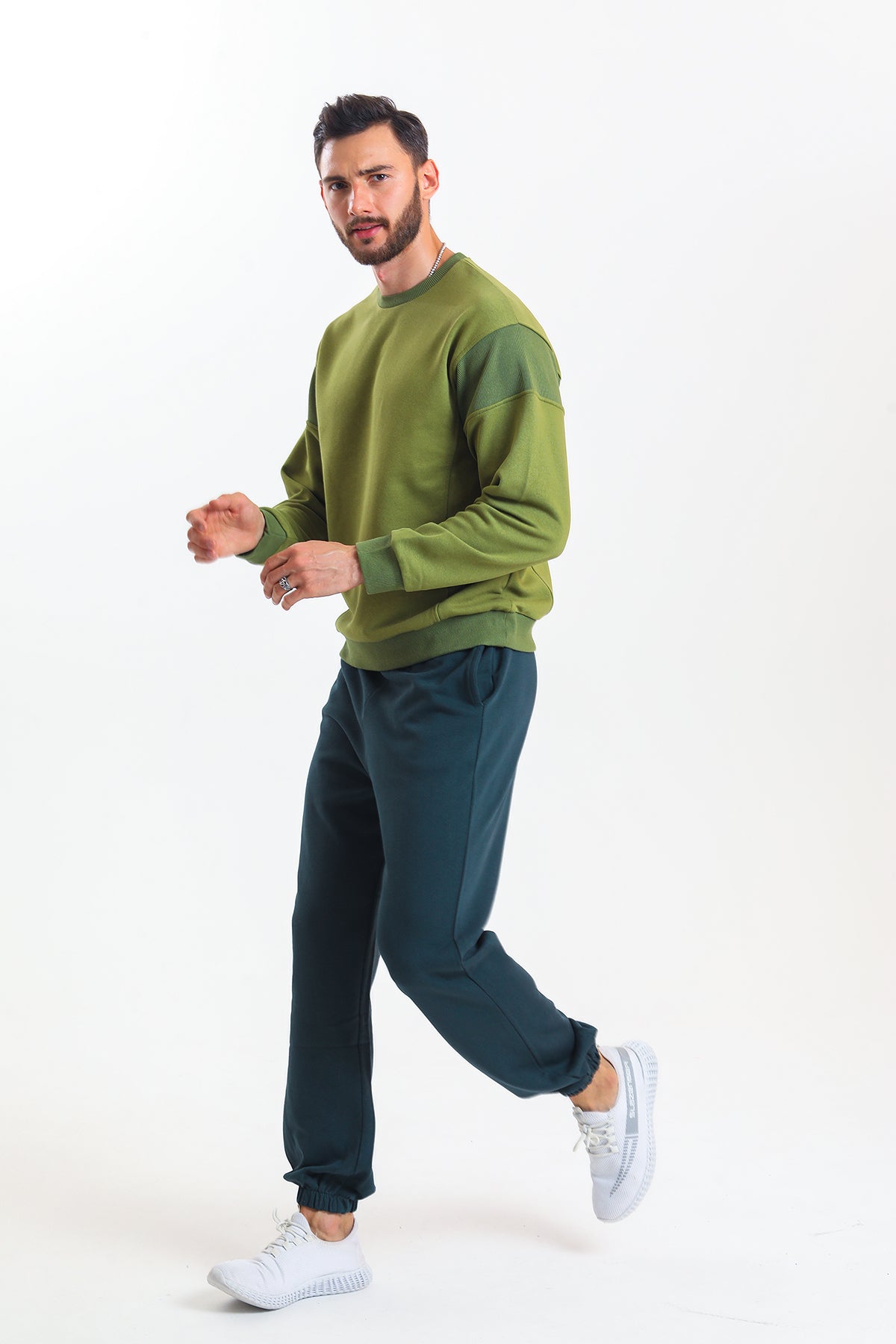 Petrol Yüksek Bel Lastikli Pamuklu Jogger Eşofman Altı