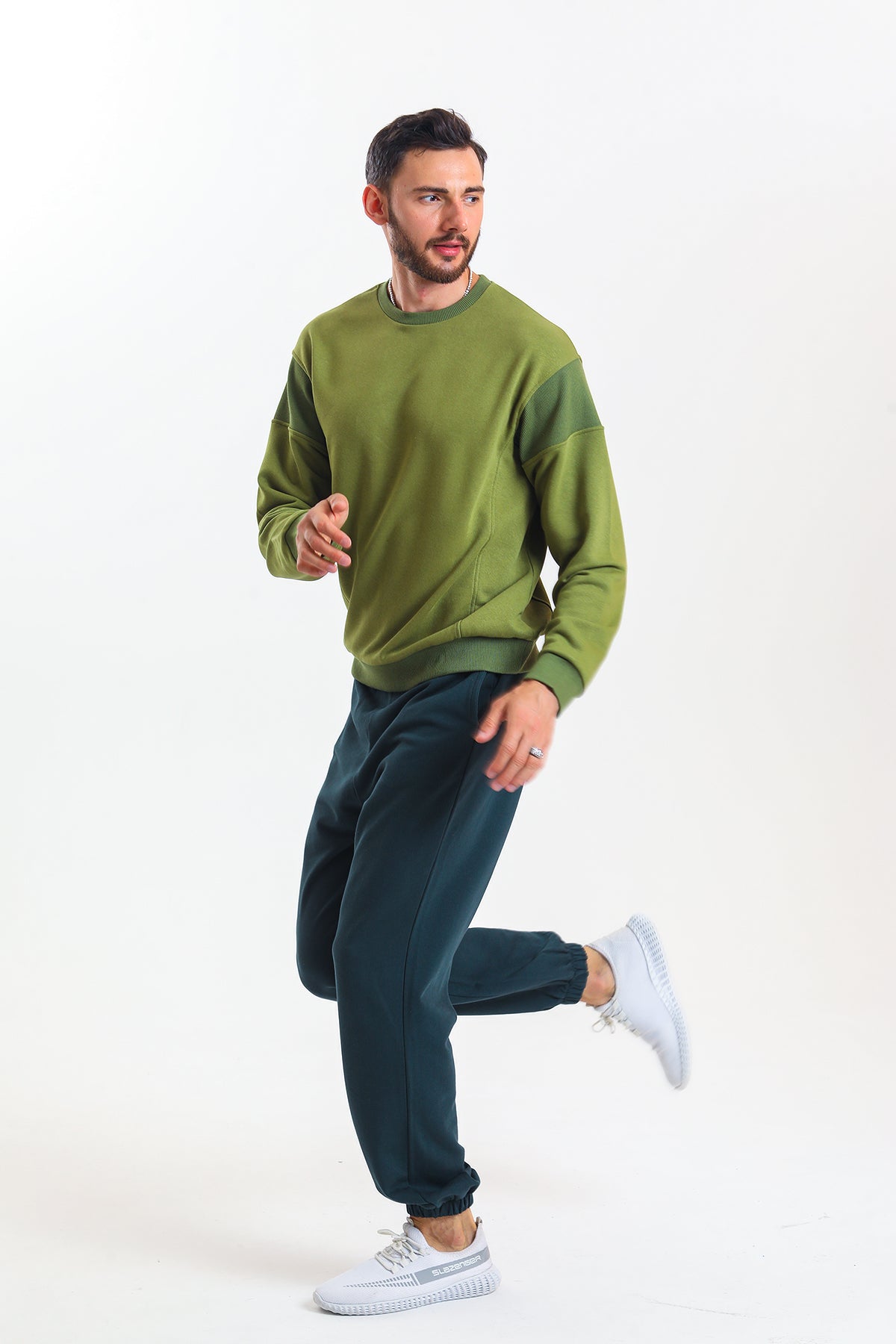 Petrol Yüksek Bel Lastikli Pamuklu Jogger Eşofman Altı