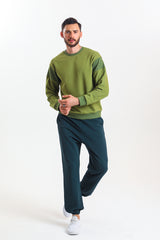 Haki Parçalı Kaşkorse Detaylı Pamuklu Bisiklet Yaka Sweatshirt