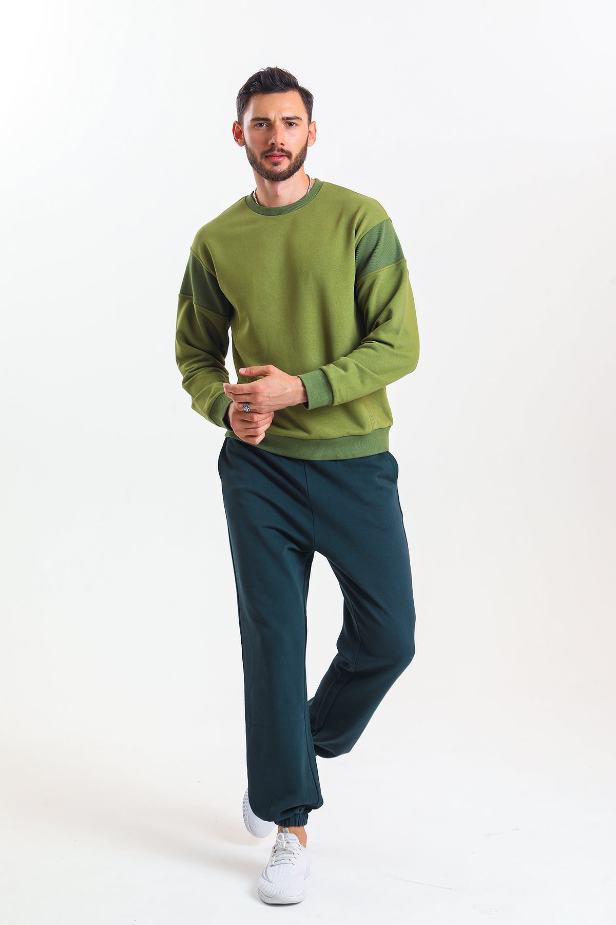 Haki Parçalı Kaşkorse Detaylı Pamuklu Bisiklet Yaka Sweatshirt