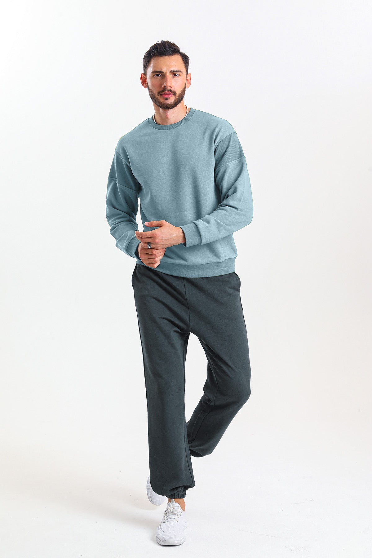 Gök Mavisi Parçalı Kaşkorse Detaylı Pamuklu Bisiklet Yaka Sweatshirt