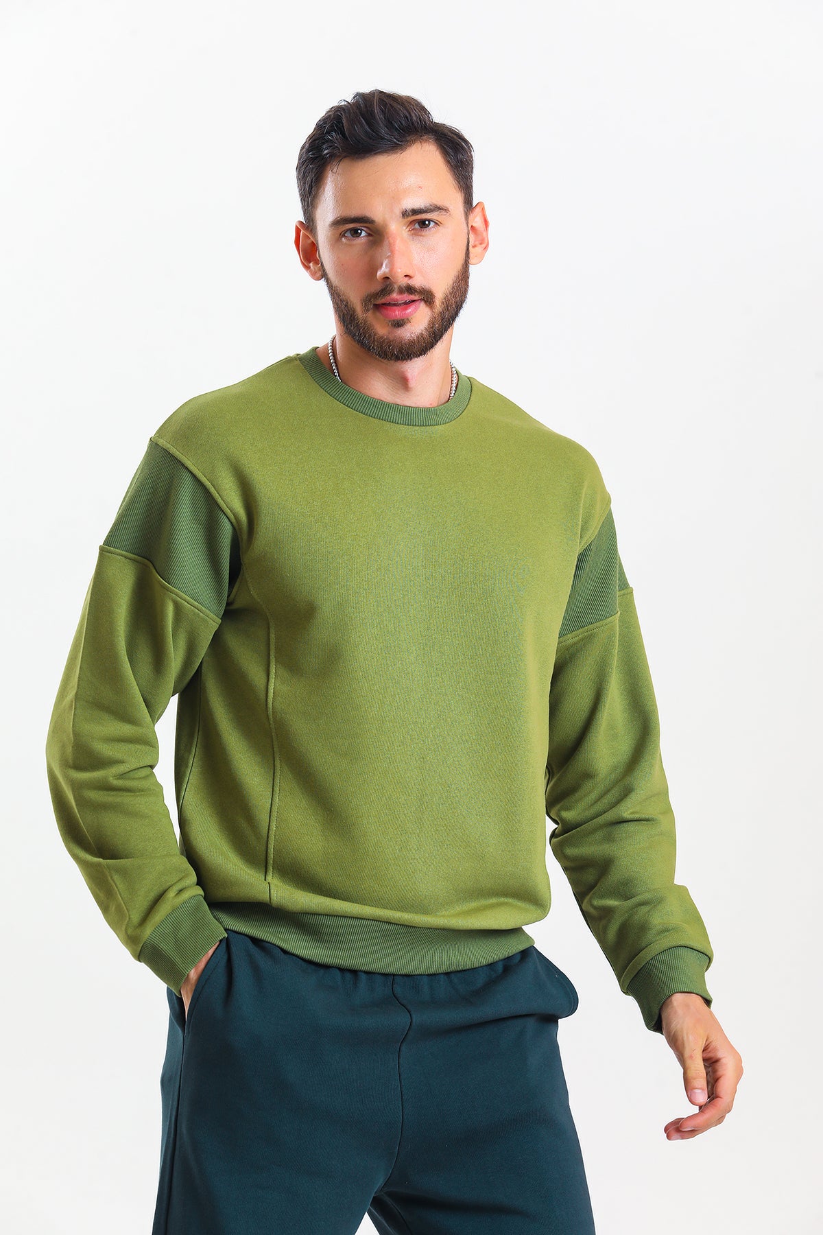 Haki Parçalı Kaşkorse Detaylı Pamuklu Bisiklet Yaka Sweatshirt