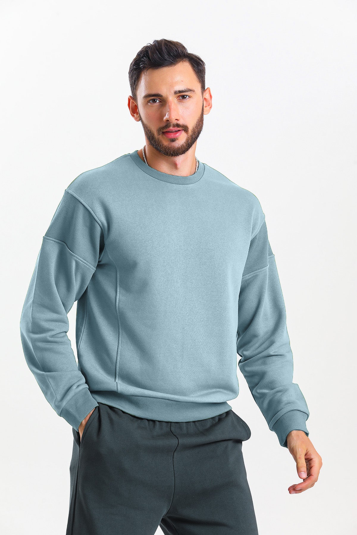 Gök Mavisi Parçalı Kaşkorse Detaylı Pamuklu Bisiklet Yaka Sweatshirt