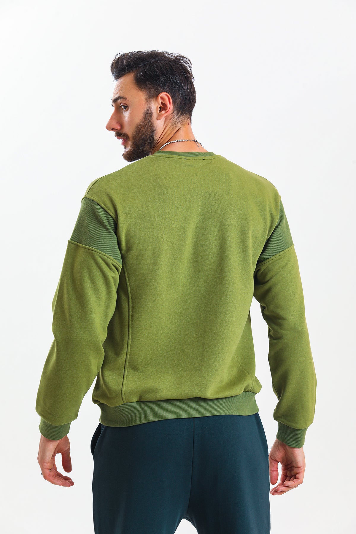 Haki Parçalı Kaşkorse Detaylı Pamuklu Bisiklet Yaka Sweatshirt