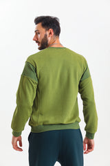 Haki Parçalı Kaşkorse Detaylı Pamuklu Bisiklet Yaka Sweatshirt