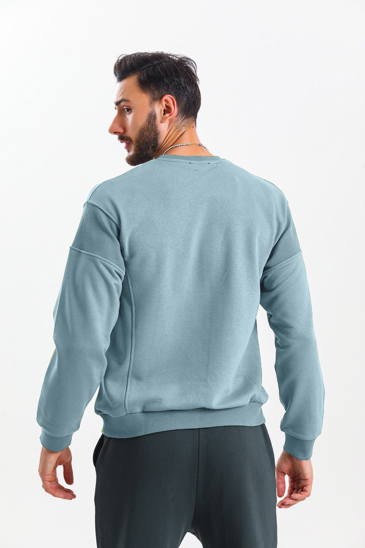Gök Mavisi Parçalı Kaşkorse Detaylı Pamuklu Bisiklet Yaka Sweatshirt