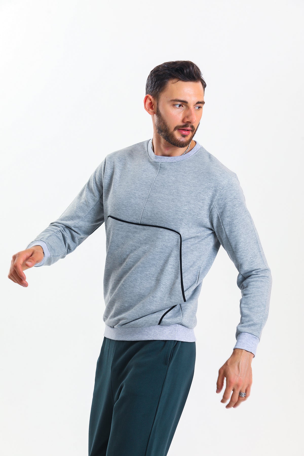 Gri Melanj Kanguru Cepli Pamuklu Sweatshirt