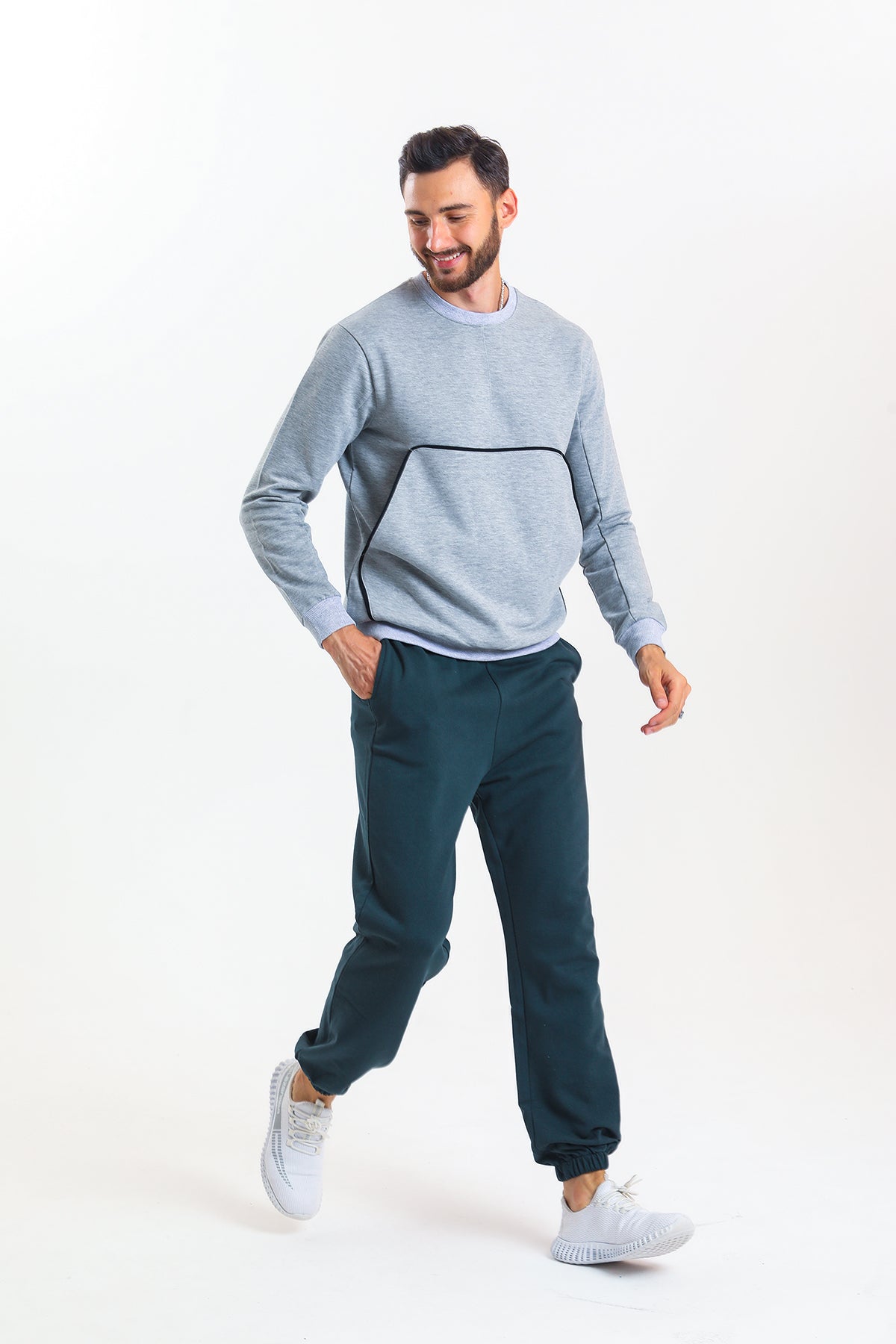 Gri Melanj Kanguru Cepli Pamuklu Sweatshirt