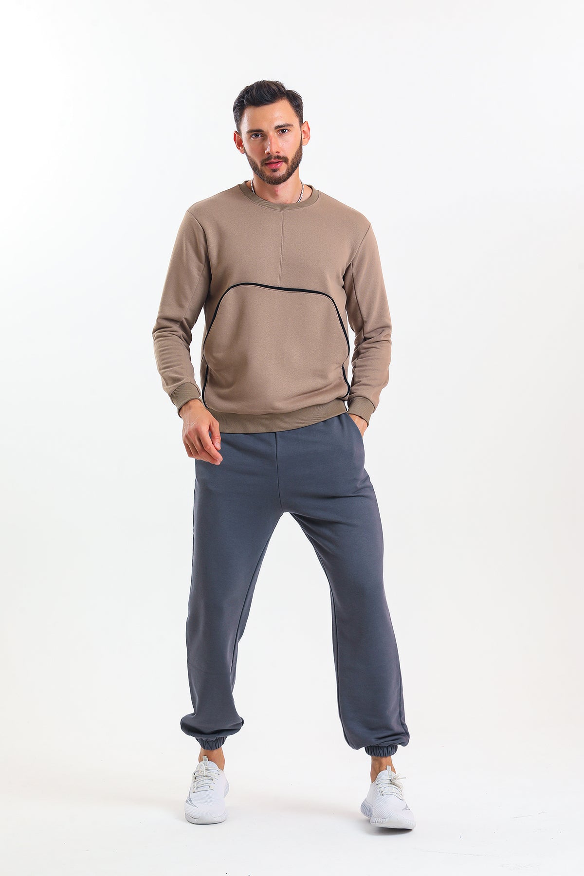 Antrasit Yüksek Bel Lastikli Pamuklu Jogger Eşofman Altı