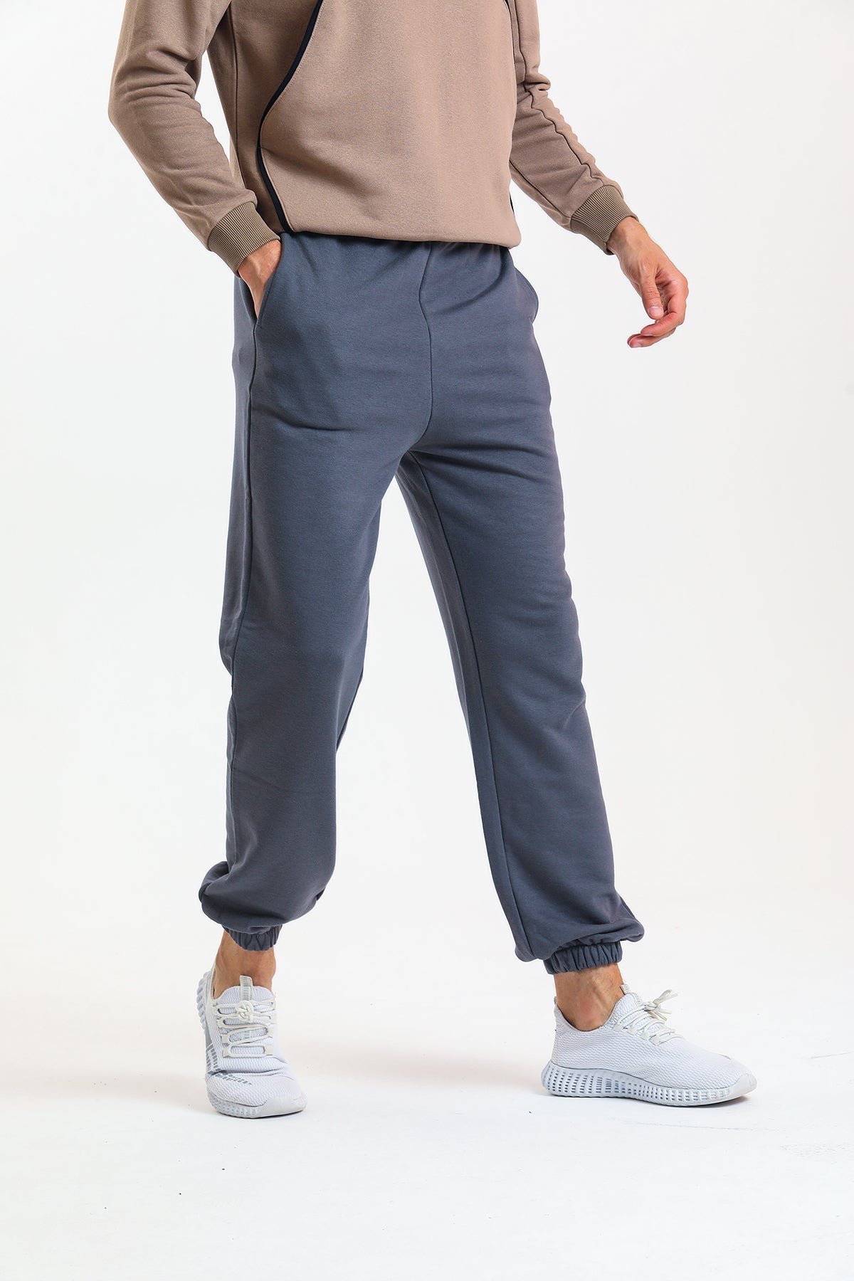 Antrasit Yüksek Bel Lastikli Pamuklu Jogger Eşofman Altı