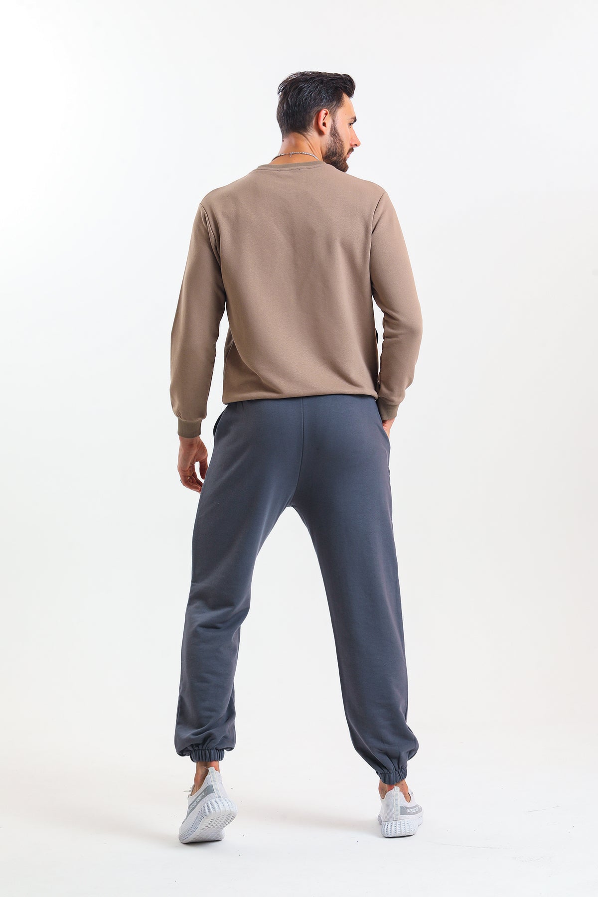 Antrasit Yüksek Bel Lastikli Pamuklu Jogger Eşofman Altı