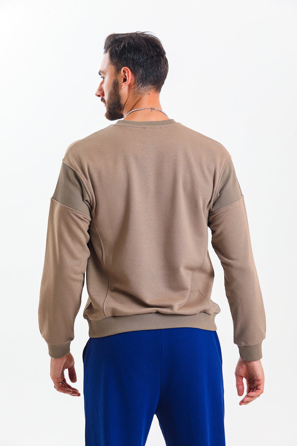 Kahverengi Parçalı Kaşkorse Detaylı Pamuklu Bisiklet Yaka Sweatshirt