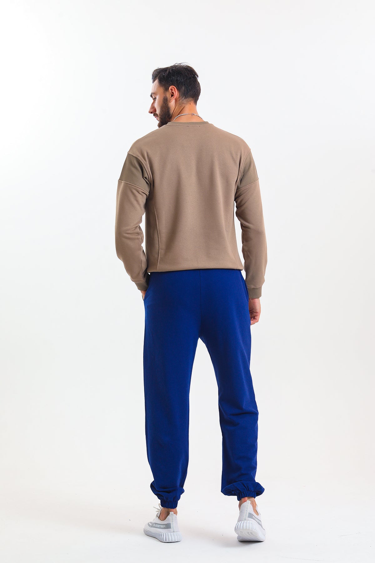 Saks Mavisi Yüksek Bel Lastikli Pamuklu Jogger Eşofman Altı