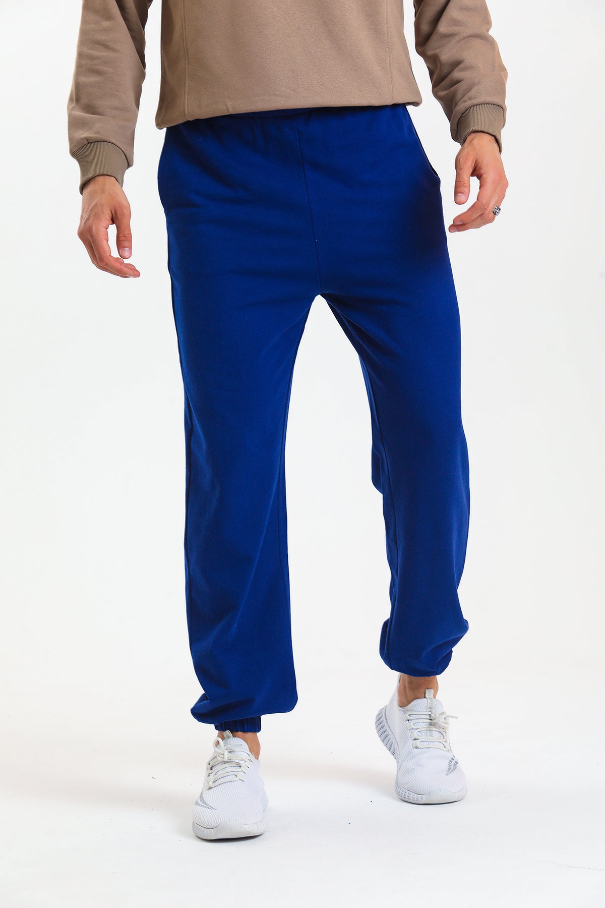 Saks Mavisi Yüksek Bel Lastikli Pamuklu Jogger Eşofman Altı