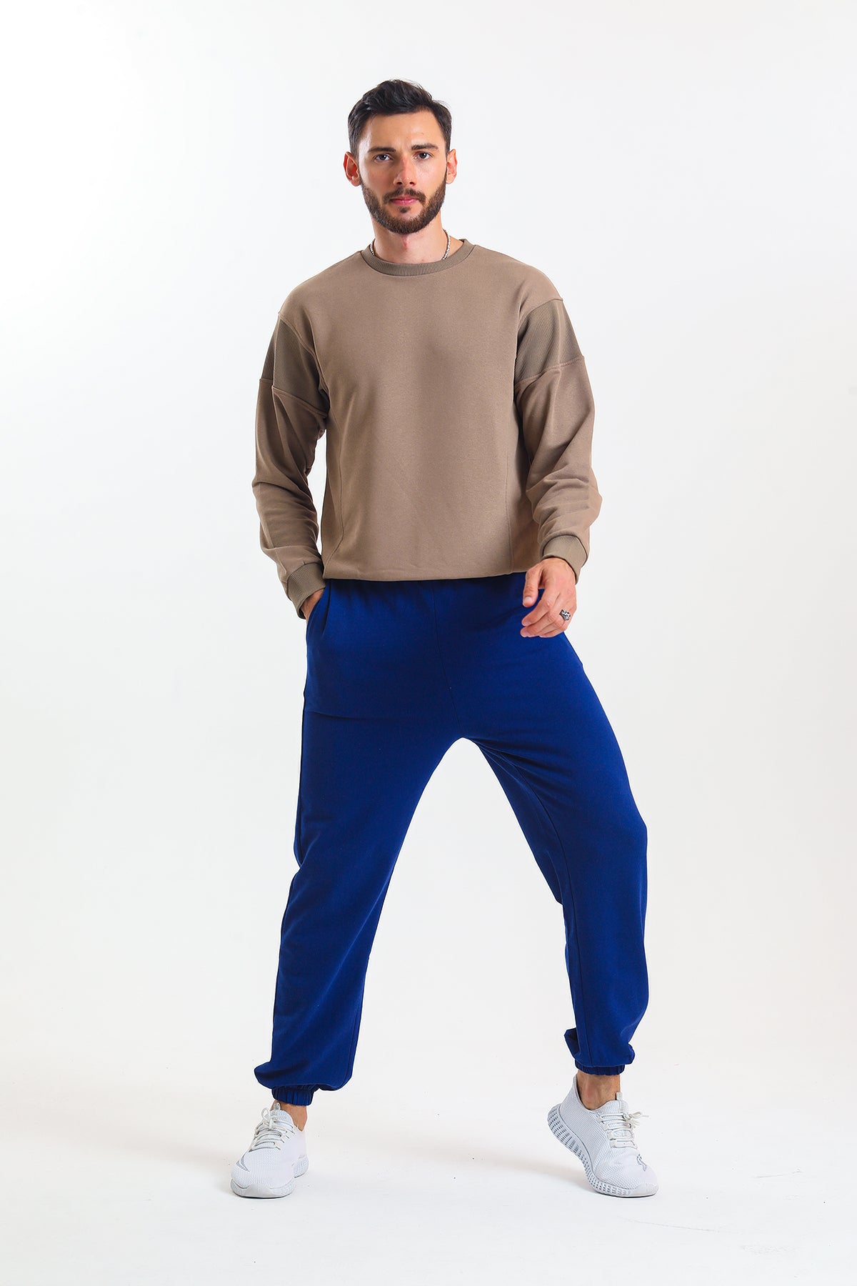 Saks Mavisi Yüksek Bel Lastikli Pamuklu Jogger Eşofman Altı