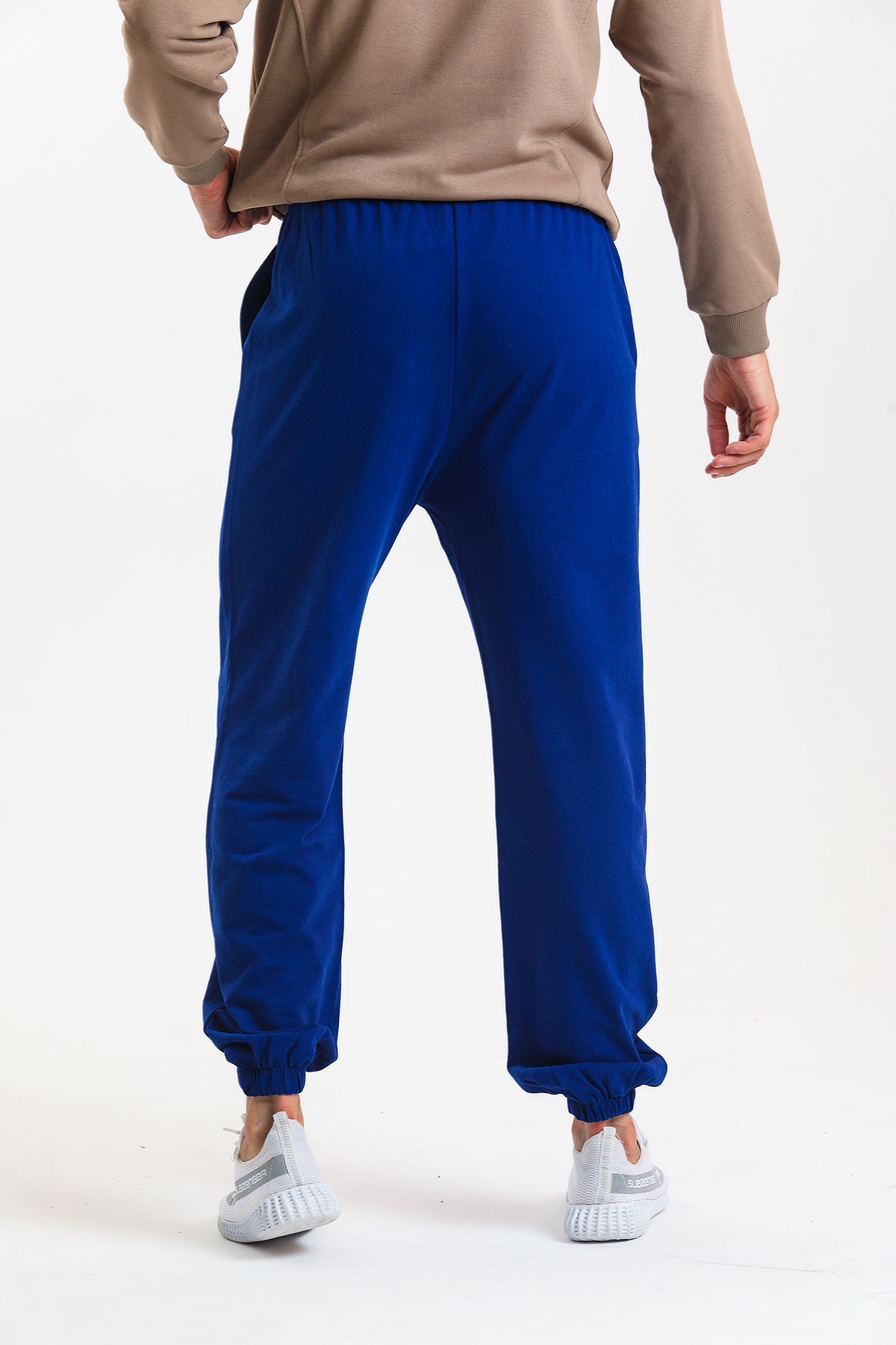 Saks Mavisi Yüksek Bel Lastikli Pamuklu Jogger Eşofman Altı