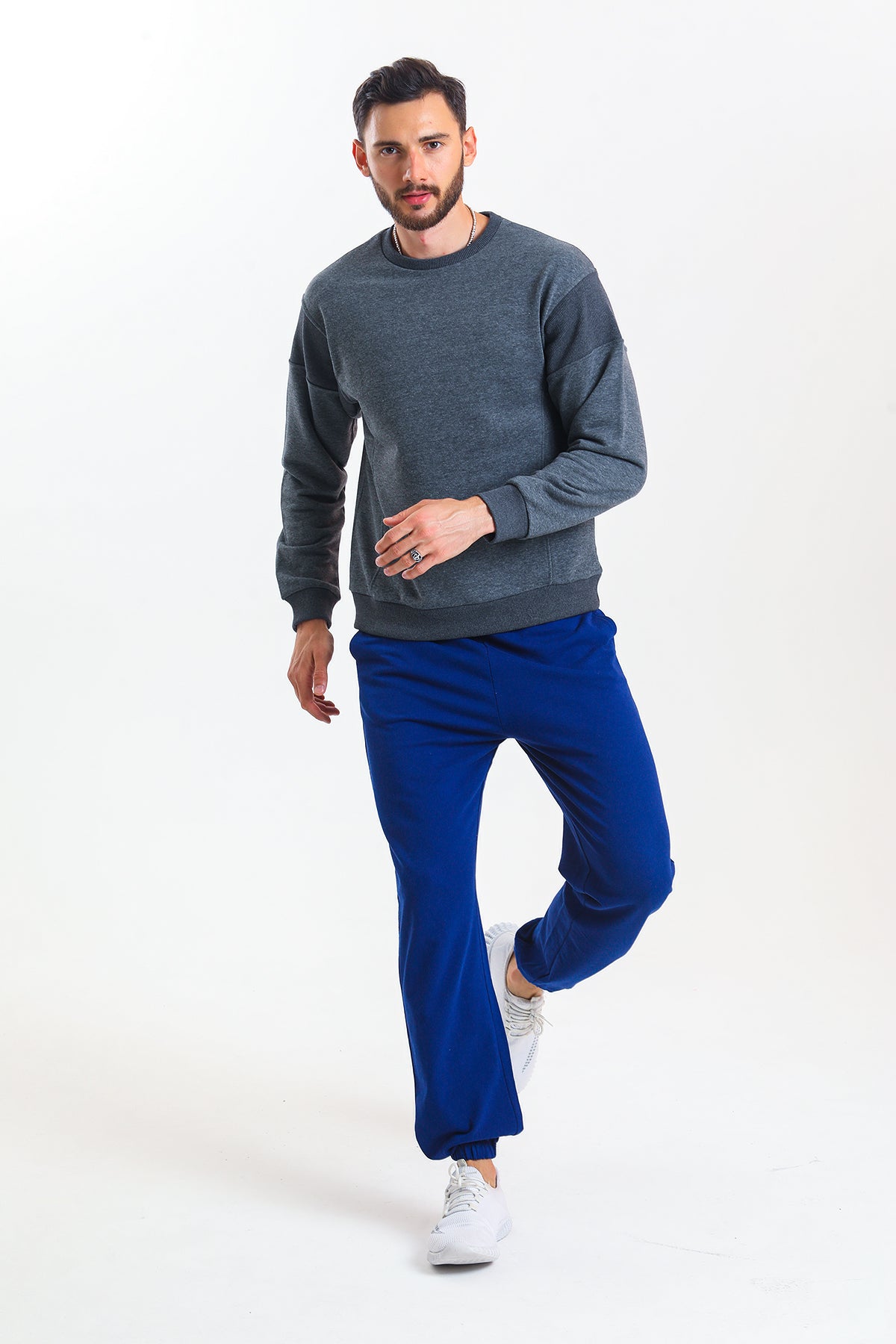 Antrasit Melanj Parçalı Kaşkorse Detaylı Pamuklu Bisiklet Yaka Sweatshirt