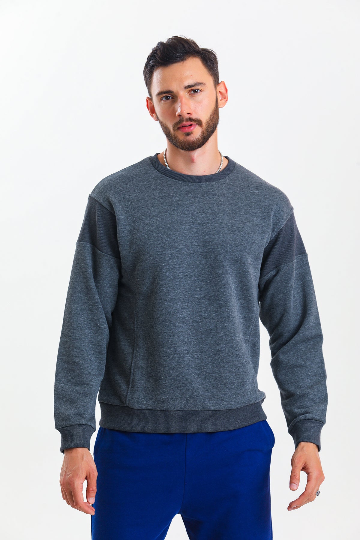 Antrasit Melanj Parçalı Kaşkorse Detaylı Pamuklu Bisiklet Yaka Sweatshirt