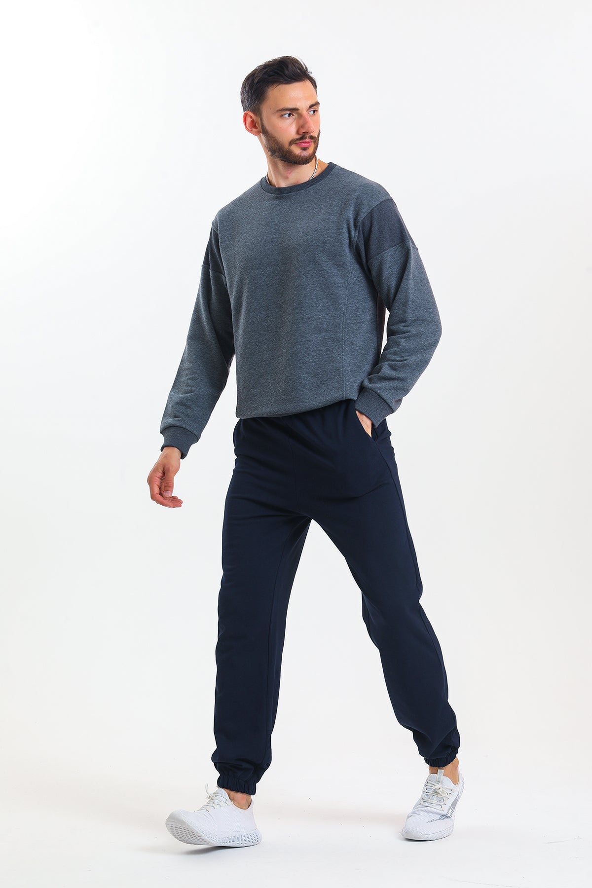 Lacivert Yüksek Bel Lastikli Pamuklu Jogger Eşofman Altı