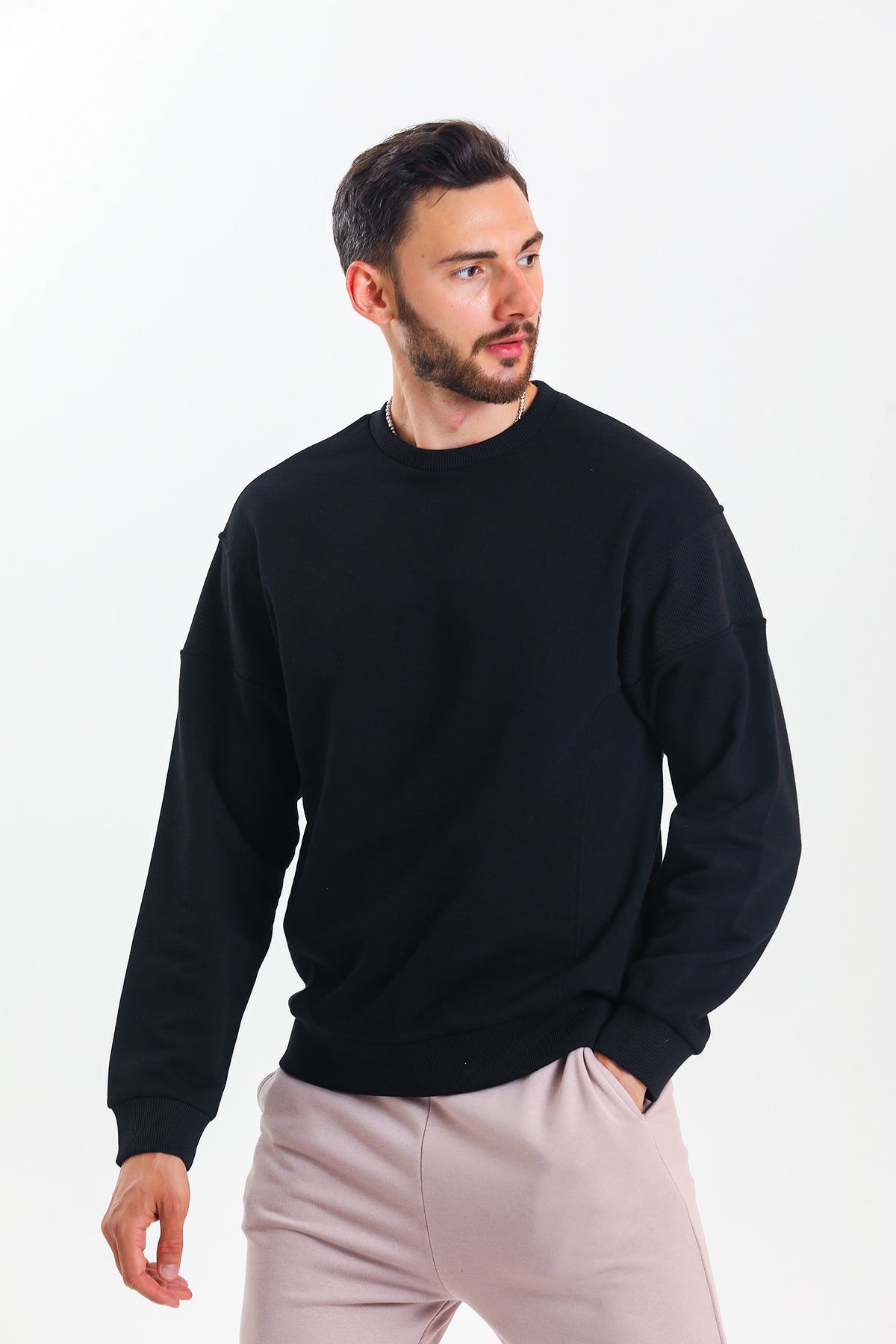 Siyah Parçalı Kaşkorse Detaylı Pamuklu Bisiklet Yaka Sweatshirt