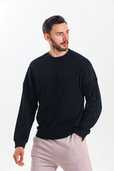 Siyah Parçalı Kaşkorse Detaylı Pamuklu Bisiklet Yaka Sweatshirt