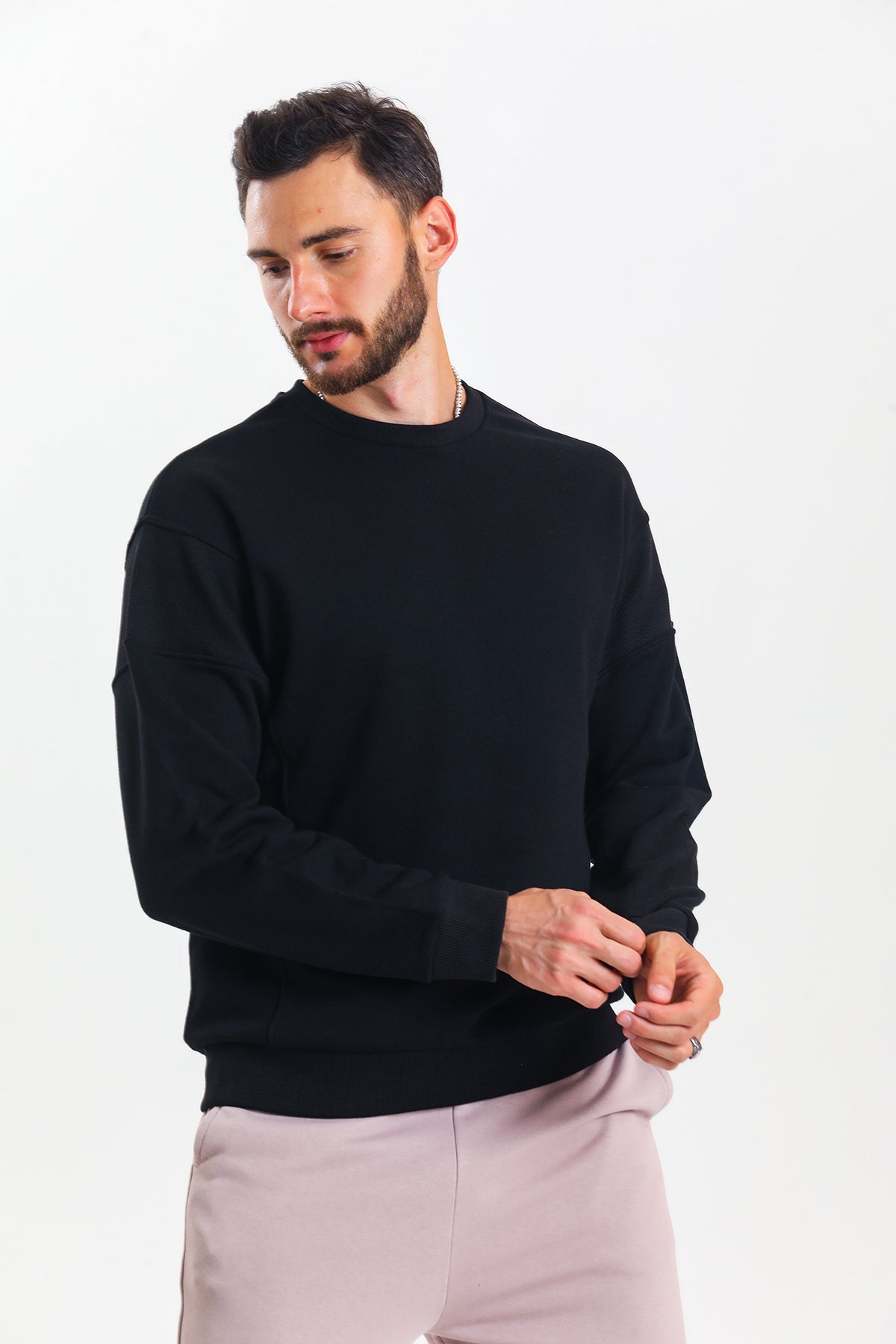 Siyah Parçalı Kaşkorse Detaylı Pamuklu Bisiklet Yaka Sweatshirt