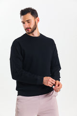 Siyah Parçalı Kaşkorse Detaylı Pamuklu Bisiklet Yaka Sweatshirt