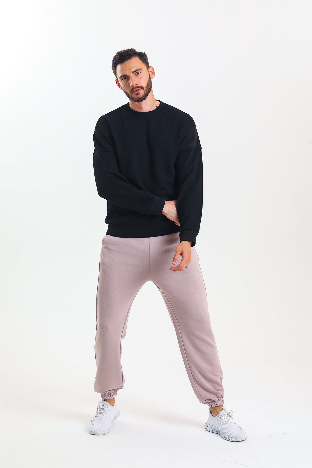 Bej Yüksek Bel Lastikli Pamuklu Jogger Eşofman Altı