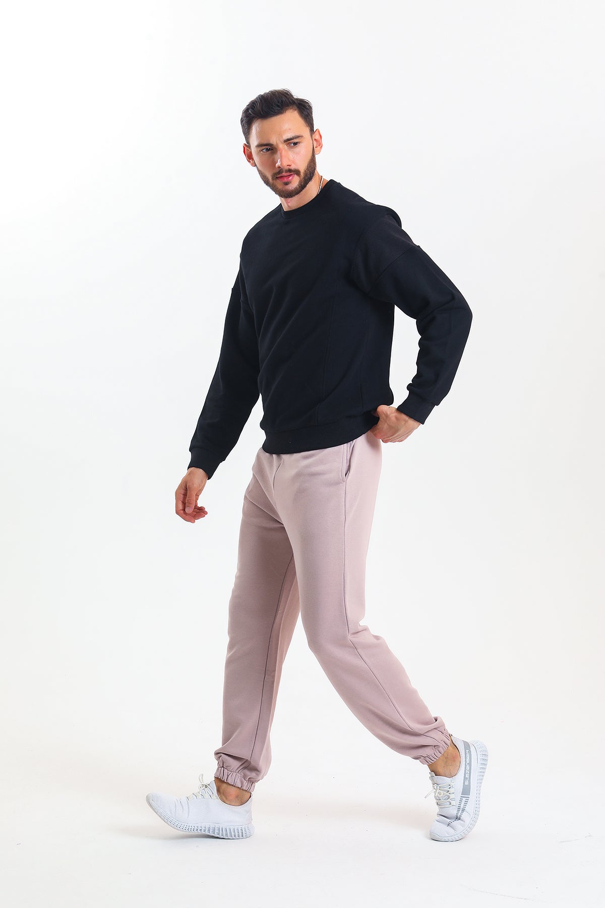 Bej Yüksek Bel Lastikli Pamuklu Jogger Eşofman Altı