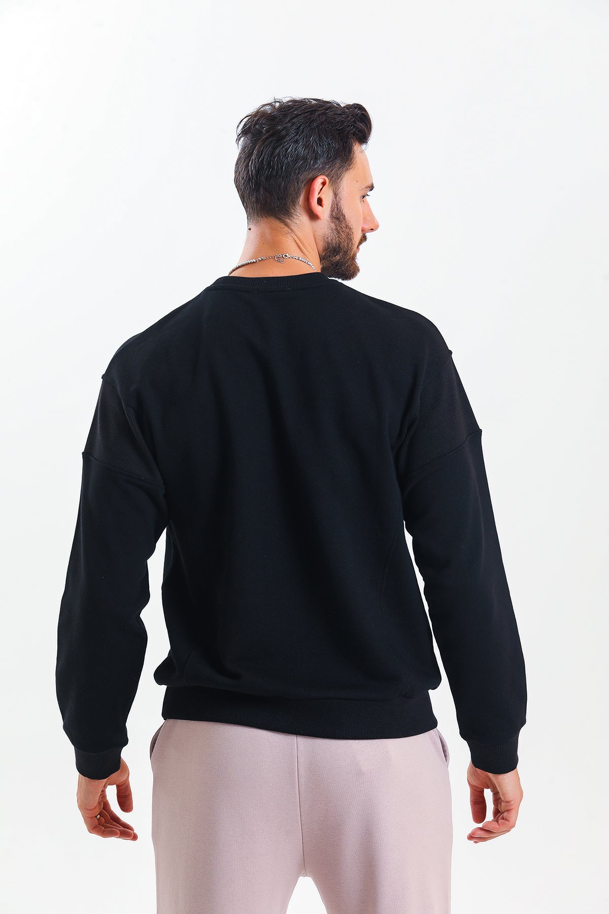 Siyah Parçalı Kaşkorse Detaylı Pamuklu Bisiklet Yaka Sweatshirt