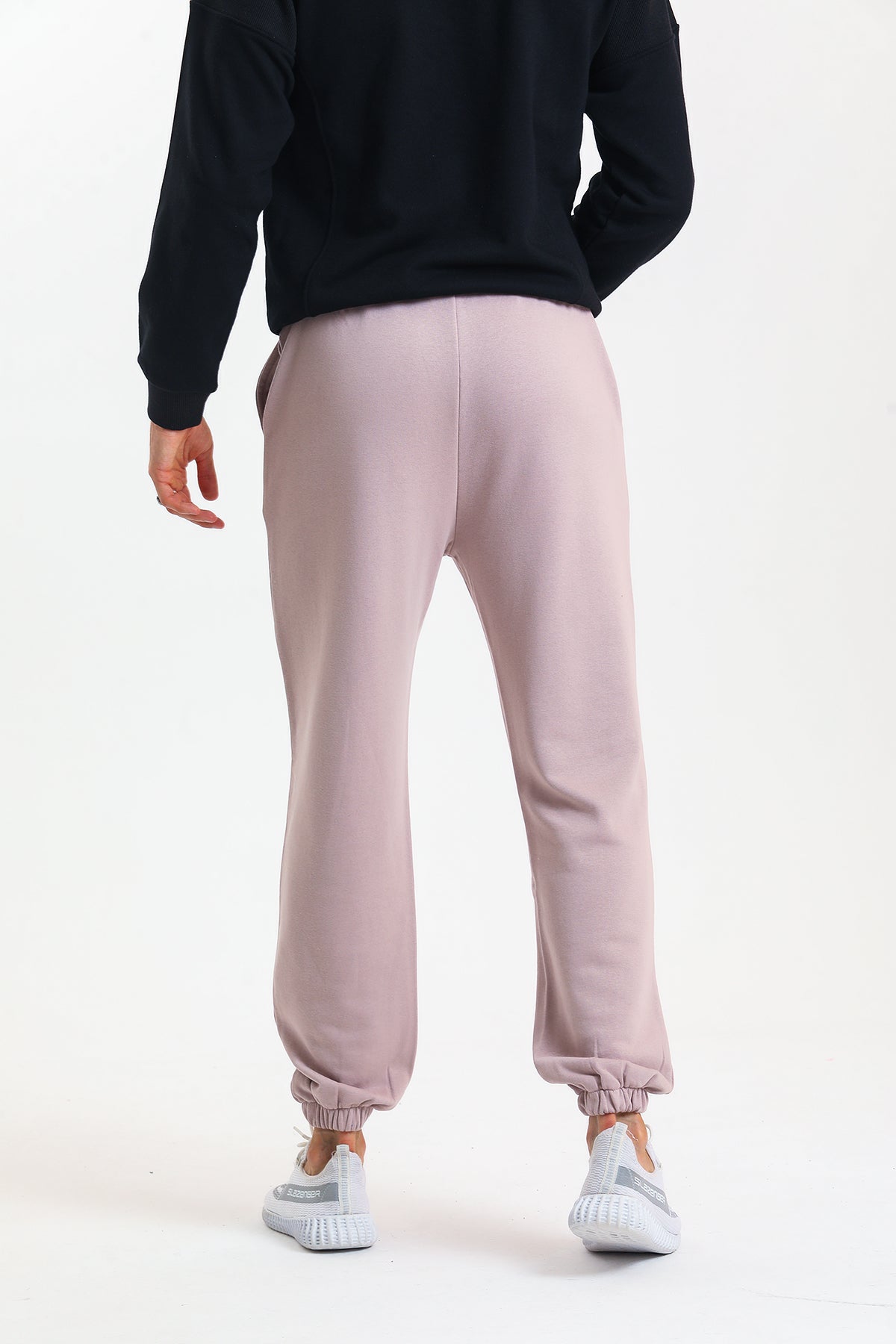 Bej Yüksek Bel Lastikli Pamuklu Jogger Eşofman Altı