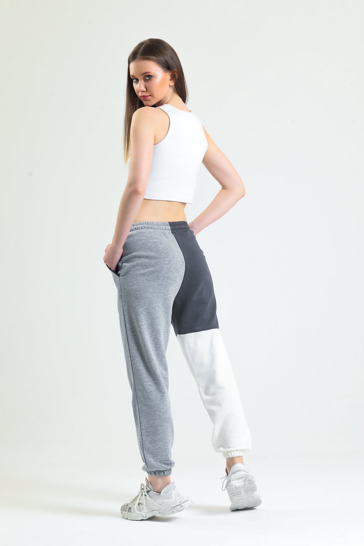 Gri Melanj Parçalı Lastikli Jogger Eşofman Altı