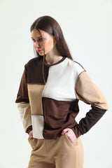 Kahverengi Basic Parçalı Patchwork Sweatshirt