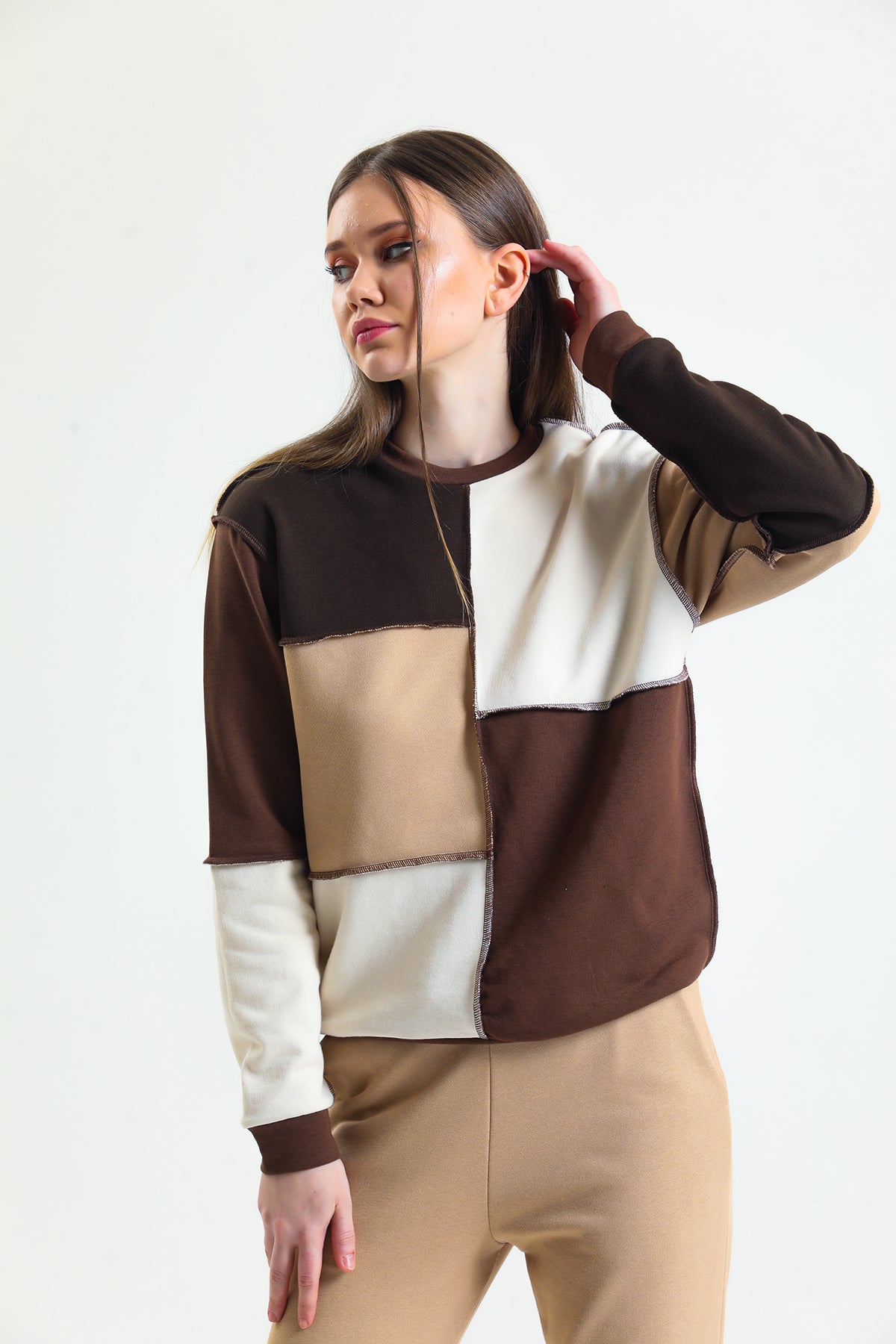 Kahverengi Basic Parçalı Patchwork Sweatshirt