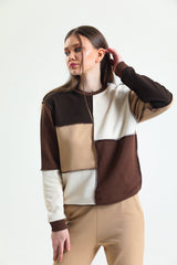Kahverengi Basic Parçalı Patchwork Sweatshirt