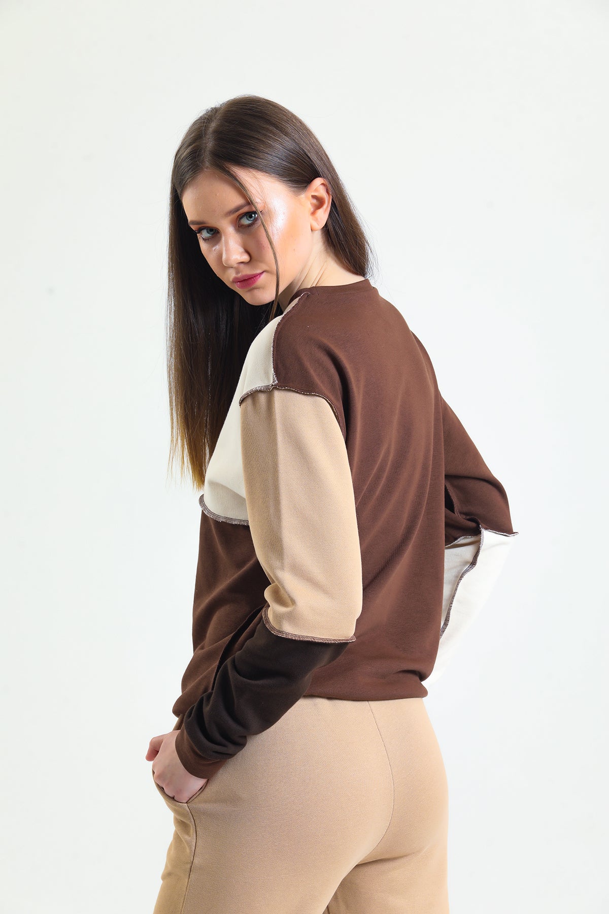Kahverengi Basic Parçalı Patchwork Sweatshirt