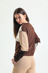 Kahverengi Basic Parçalı Patchwork Sweatshirt
